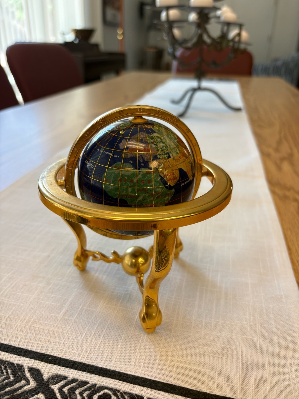 1990's Gemstone Blue Lapis Table World globe World Globe brass stand 5.5"